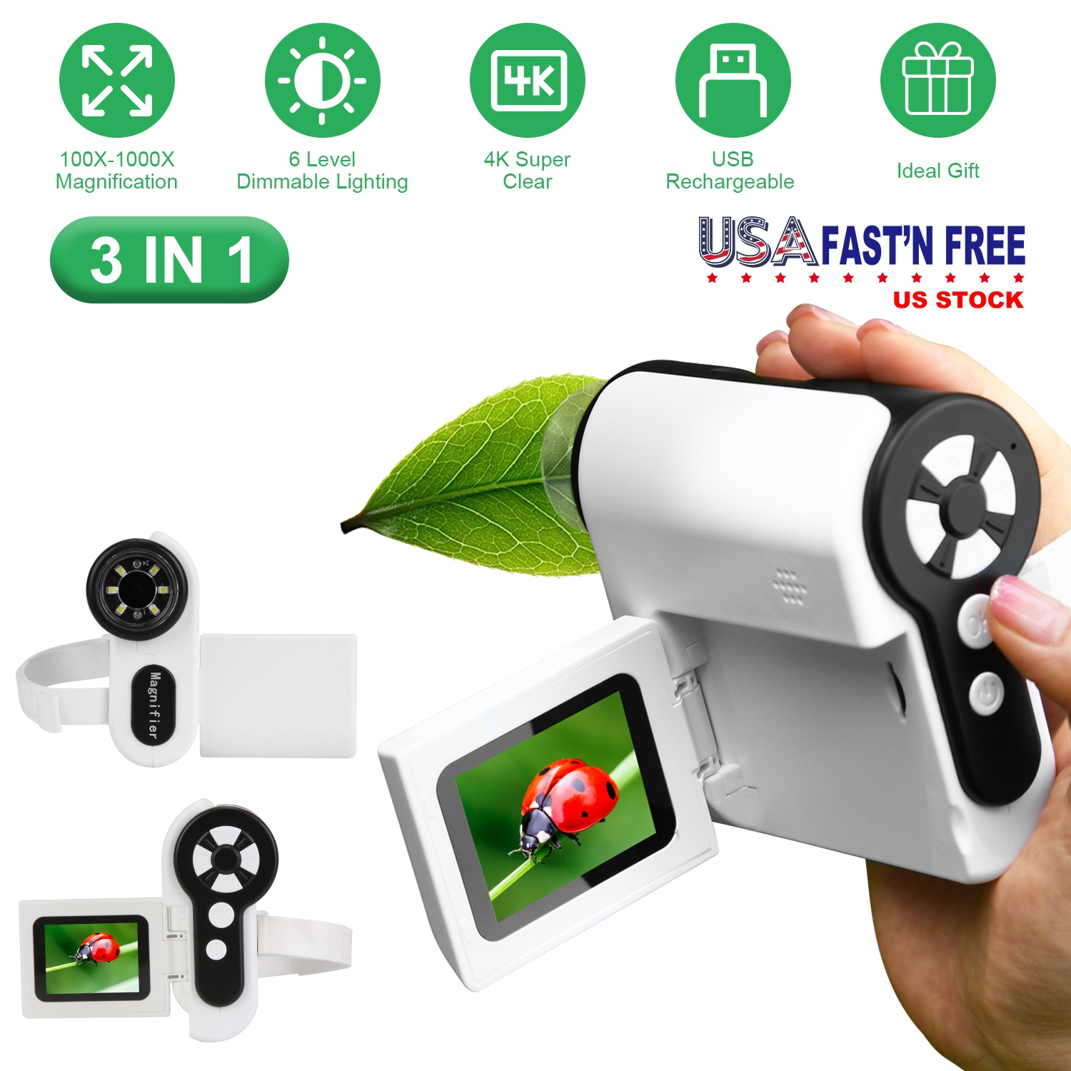 3 In 1 1000X Kids’ Microscope Telescope Camera Handheld USB Mini Microscope with LED Light 6 Sample Slides 32G MMC Card for Boys Girls Aged 6+ Years O - Image 7