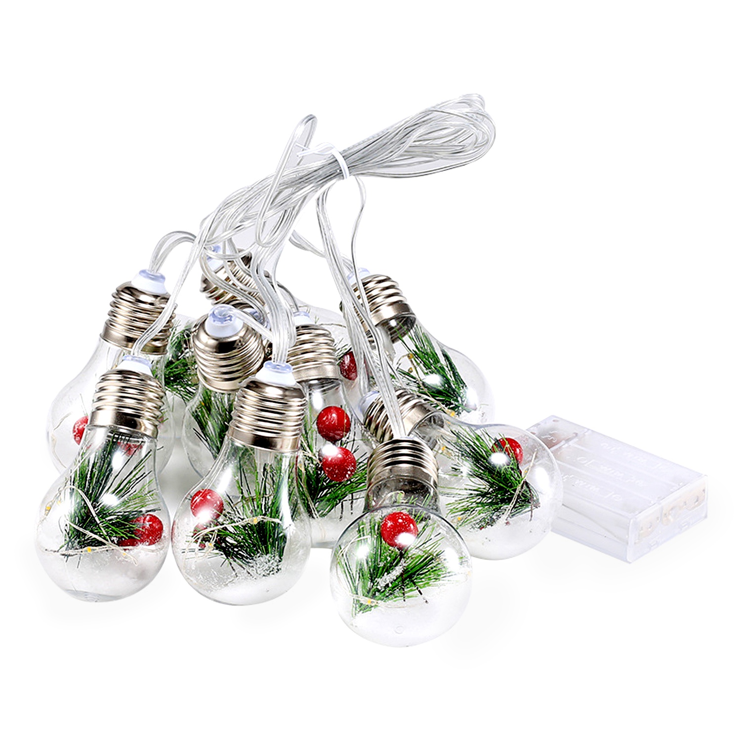 13.78FT Christmas Snow Globe String Light Battery Powered 10 LED Bulbs Indoor Christmas Lights with Pine Needles Snowflakes Berries - Image 2