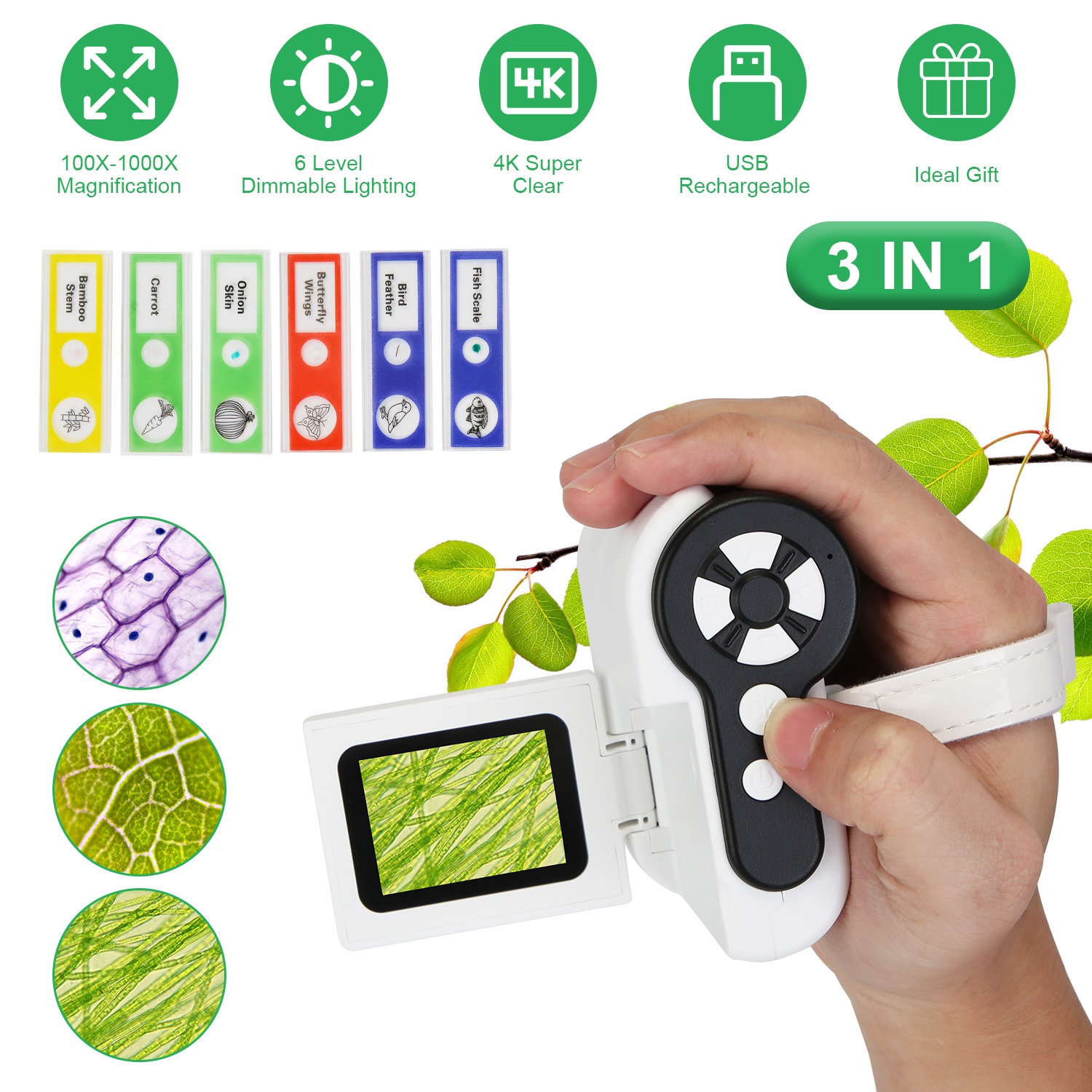 3 In 1 1000X Kids’ Microscope Telescope Camera Handheld USB Mini Microscope with LED Light 6 Sample Slides 32G MMC Card for Boys Girls Aged 6+ Years O - Image 3
