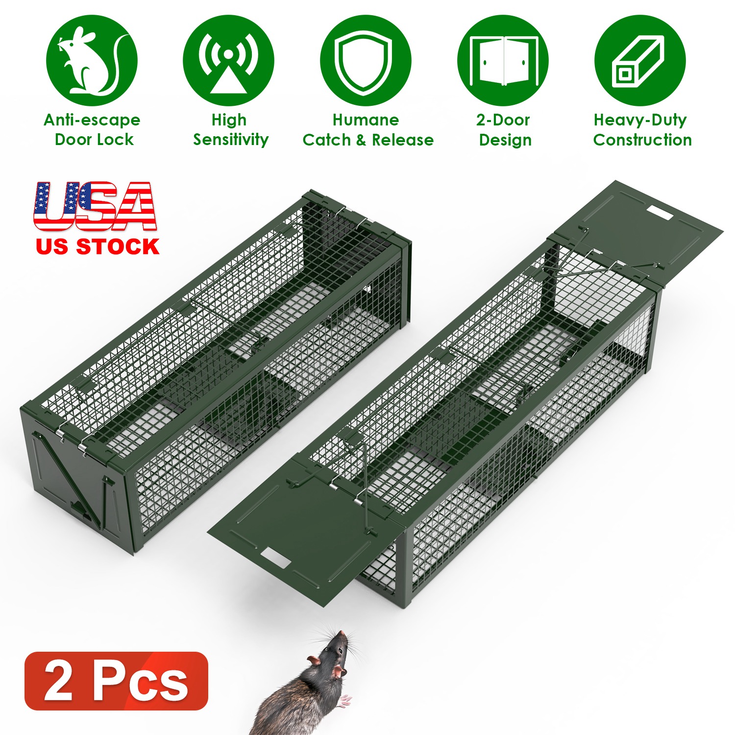 2Pack 15.35x4.72x3.94in 2-Door Humane Live Rat Trap Galvanized Iron Rodent Trap Cage Reusable for Home Garden Farm Warehouse - Image 7