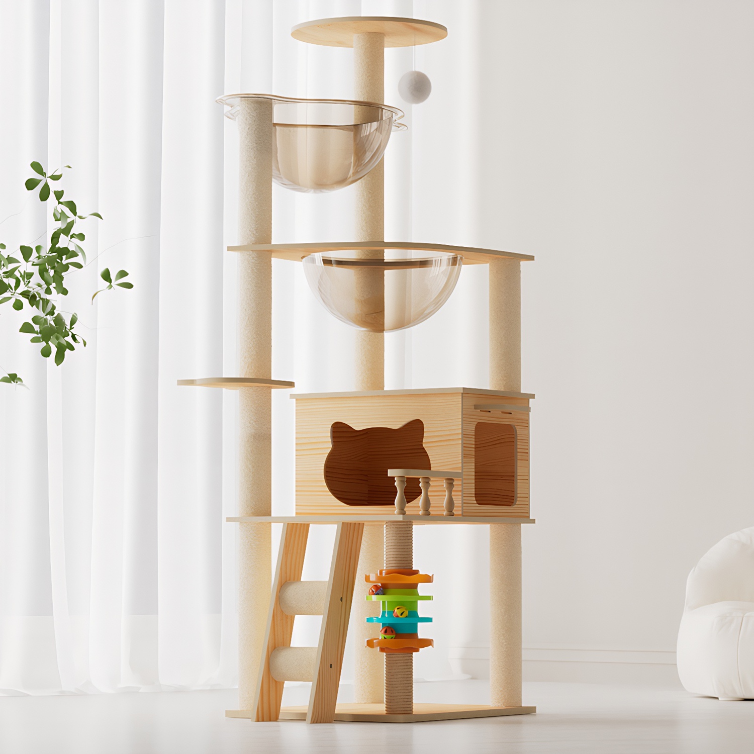 59" Modern Cat Tower for Indoor Cats Wooden Cat Tree with Dual Acrylic Capsules Cat Condo Sisal Scratching Posts Top Perch & Auxiliary Stairs Multi-Le - Image 2