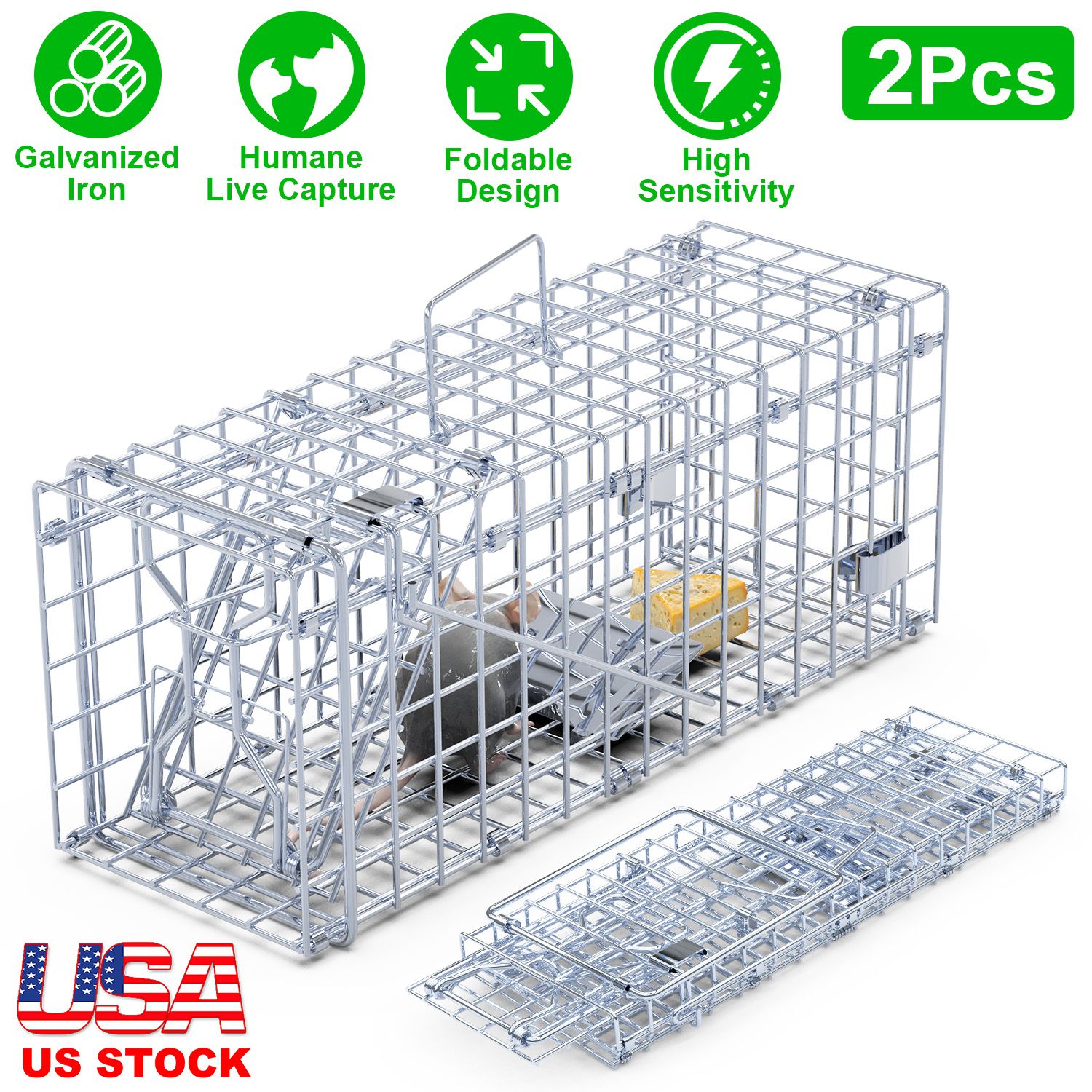 2Pcs Foldable Rat Trap Cage Humane Live Rodent Trap Cage Galvanized Iron Mice Mouse Control Bait Catch with Detachable L Shaped Rod For Kitchen Garden - Image 5