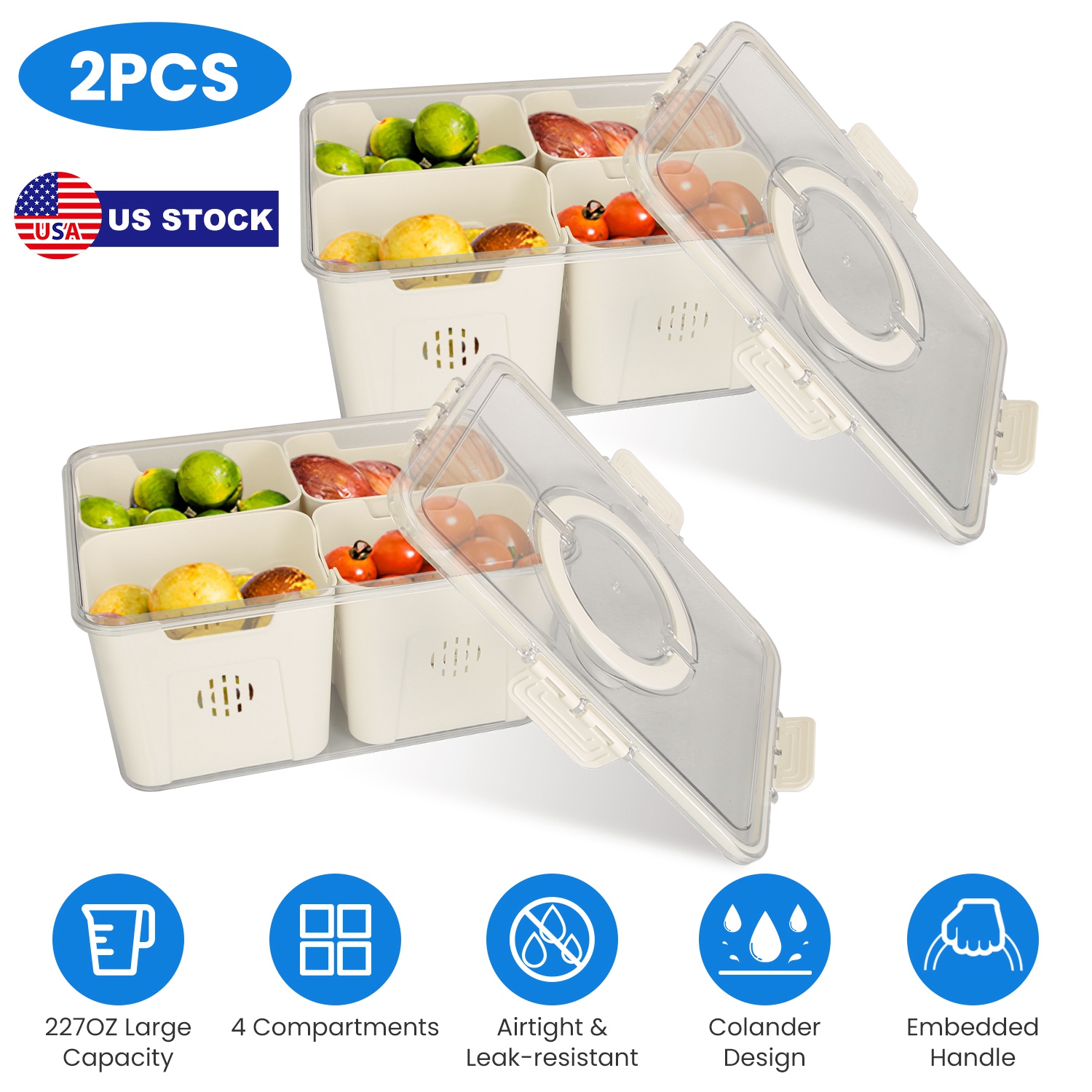 2Pack Airtight Fruit Storage Containers 4-Compartment Food Storage Containers Fruit Vegetable Organizers with 8 Removable Colanders for Fridge Picnic - Image 5