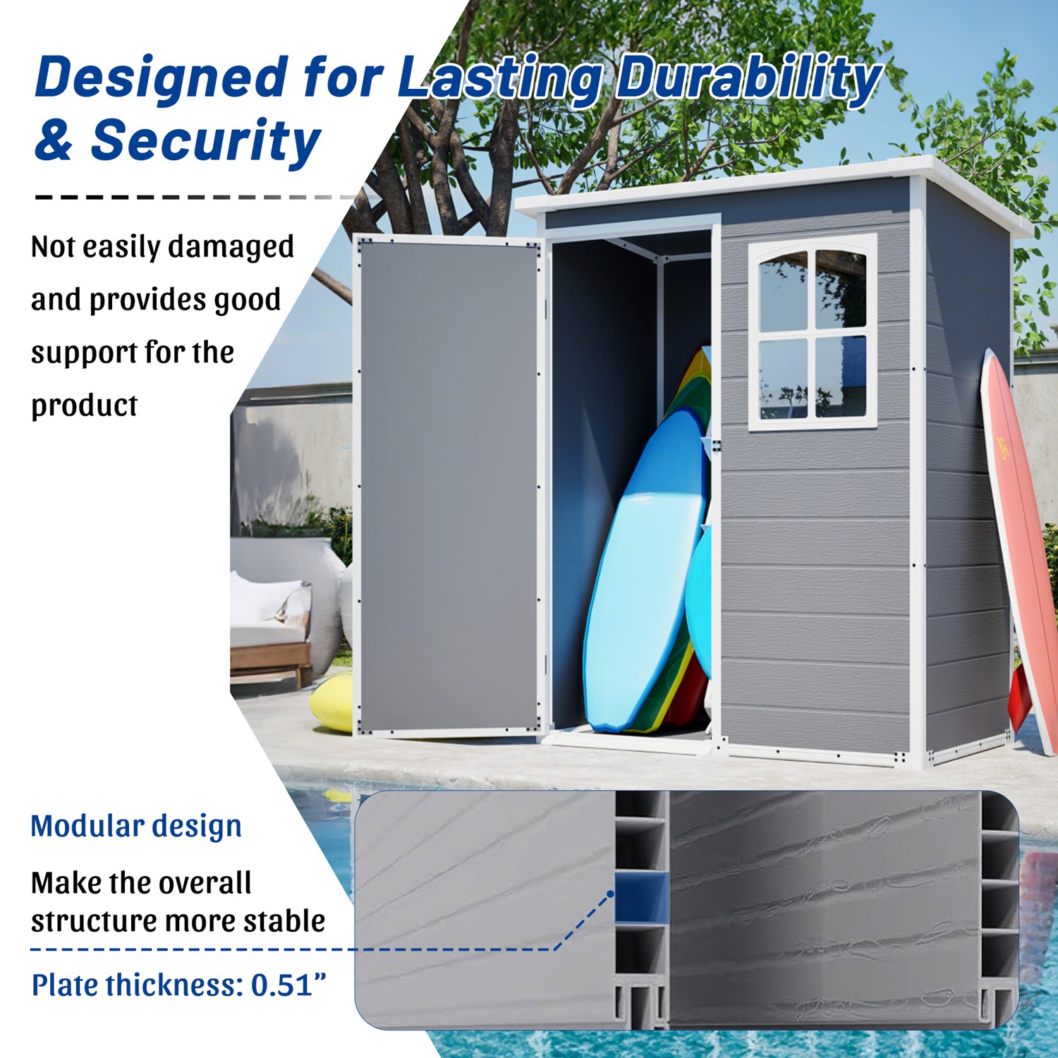 5x3FT Resin Outdoor Storage Shed with Floor Lockable Garden Shed with Window Sloped Roof Weather-Resistant Tool Shed for Garden Tools, Pet House and B - Image 2