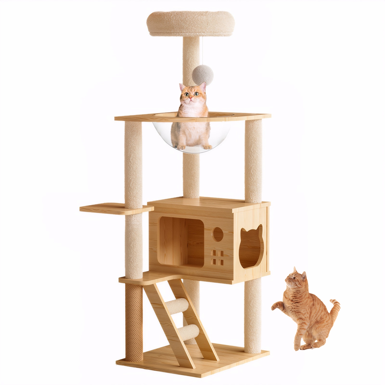 48.4" Modern Wood Cat Tree Tower, Multi-Level Cat Condo with Acrylic Hammock, Sisal Scratching Posts & Top Perch, Cat Tower for Indoor Cats - Image 4