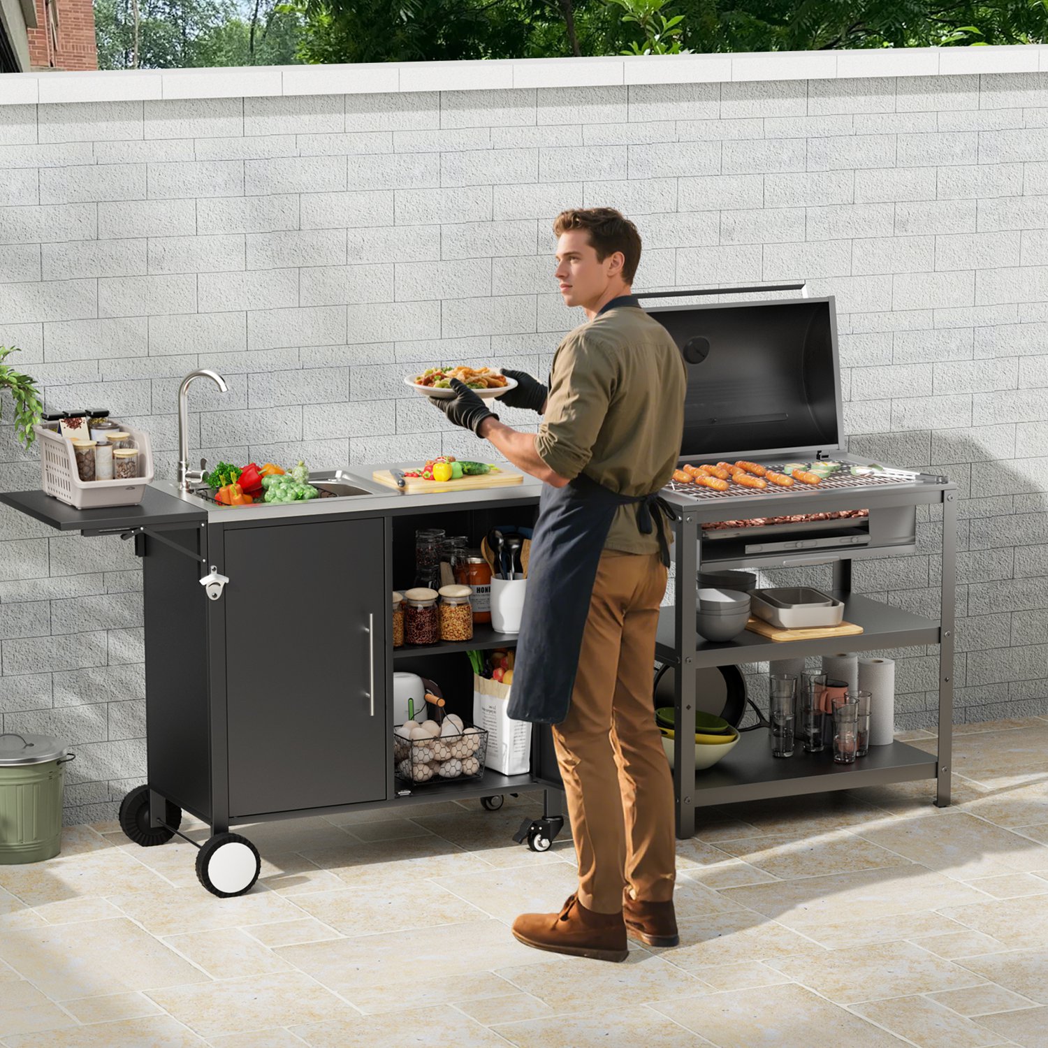 Outdoor Grill Cart with Storage Outdoor Grill Table with Sink Wheels Fold-Down Side Table for Patio Backyard BBQ - Image 2