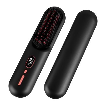 Cordless Negative Ion Hair Straightener Brush Rechargeable Mini Styling Comb with 12 Heating Levels Anti-scald 30S Preheating 30Mins Auto Sleep LCD Di