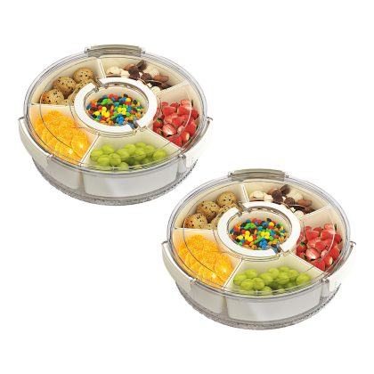 2Pcs Divided Serving Tray with Lid and Handle 360° Rotatable Snack Box Container with 6 Dividers Clear Portable Snack Platters for Fruit Candy Nut Sna