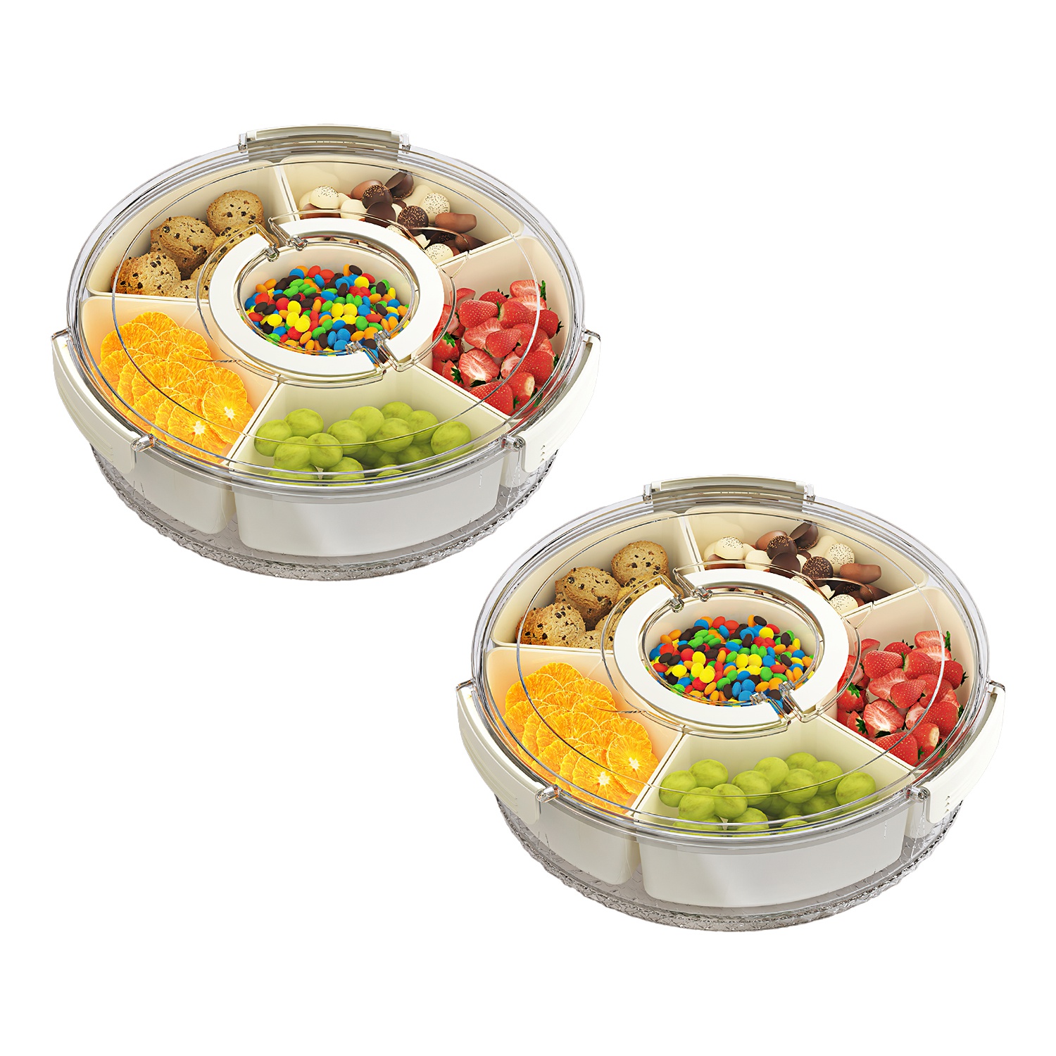 2Pcs Divided Serving Tray with Lid and Handle 360° Rotatable Snack Box Container with 6 Dividers Clear Portable Snack Platters for Fruit Candy Nut Sna
