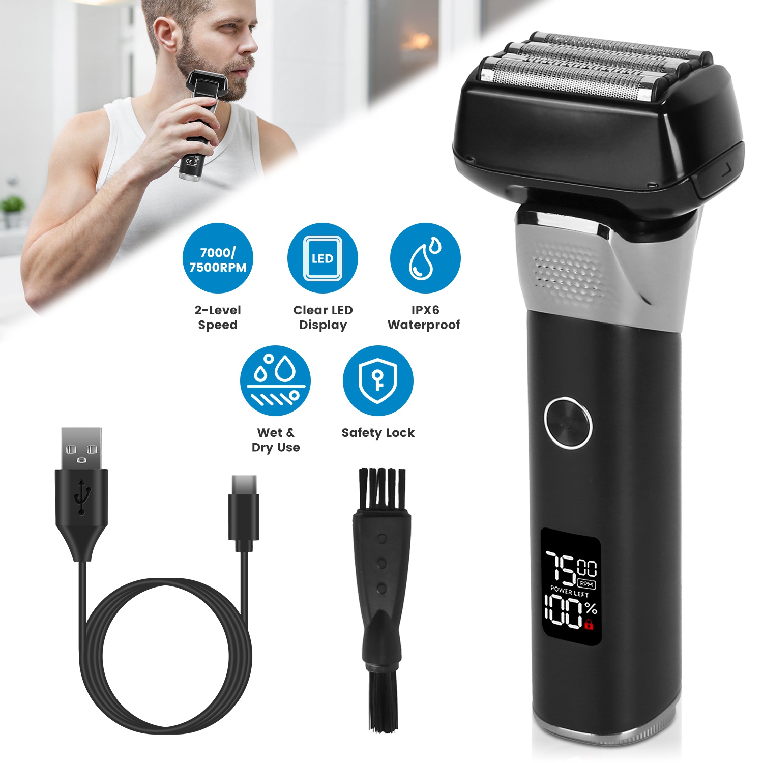 Electric Foil Face Shaver 5-Blade Electric Razor for Men Wet & Dry Jawline Beard Trimmer Precision Sideburn Shavers IPX6 Waterproof with LED Display C - Image 3