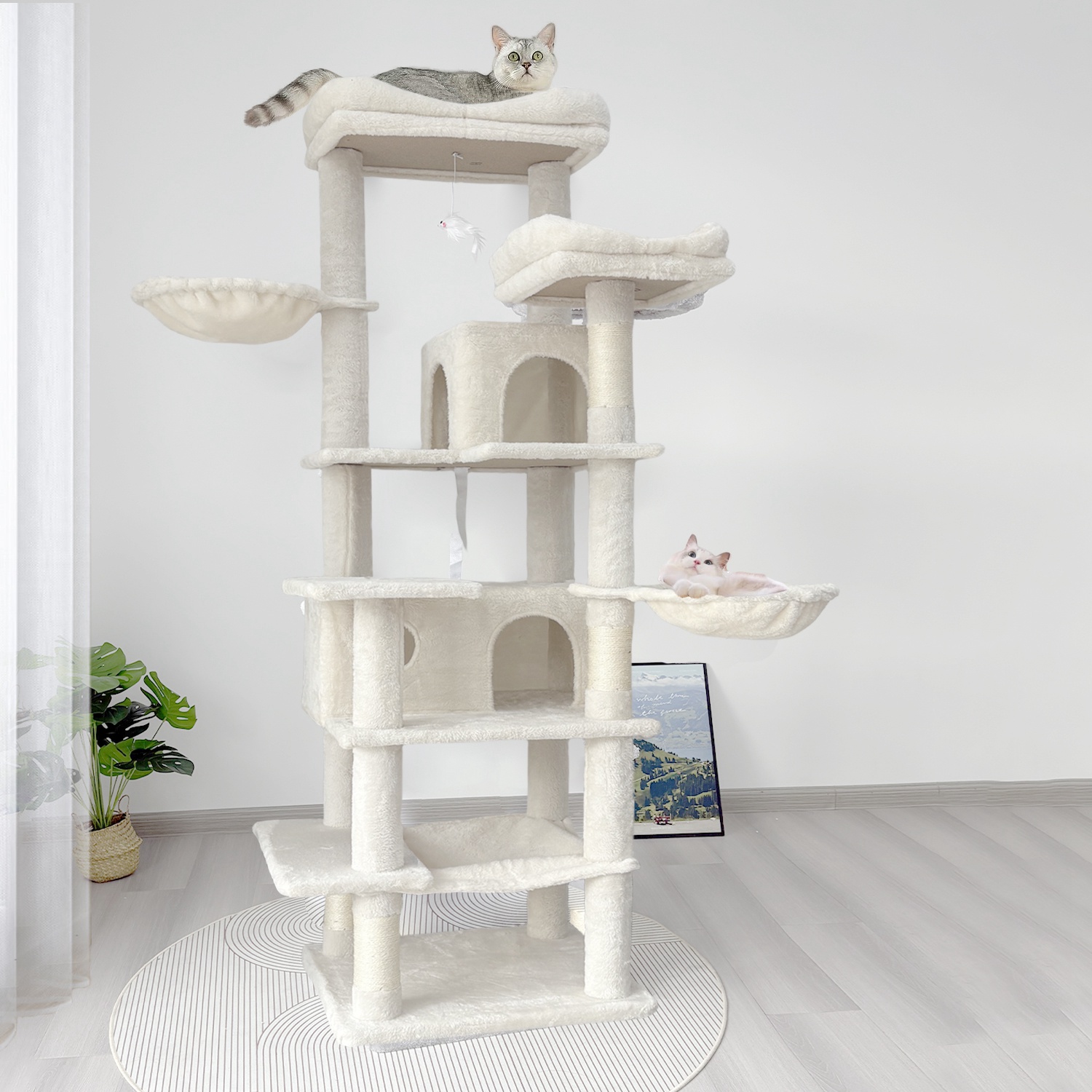 68in Multi-Level Cat Tree Tower with Hammocks, Cat Condo, Hanging Basket, Removable Cushions & Sisal Scratching Posts, Plush Cat Activity Center for I - Image 4