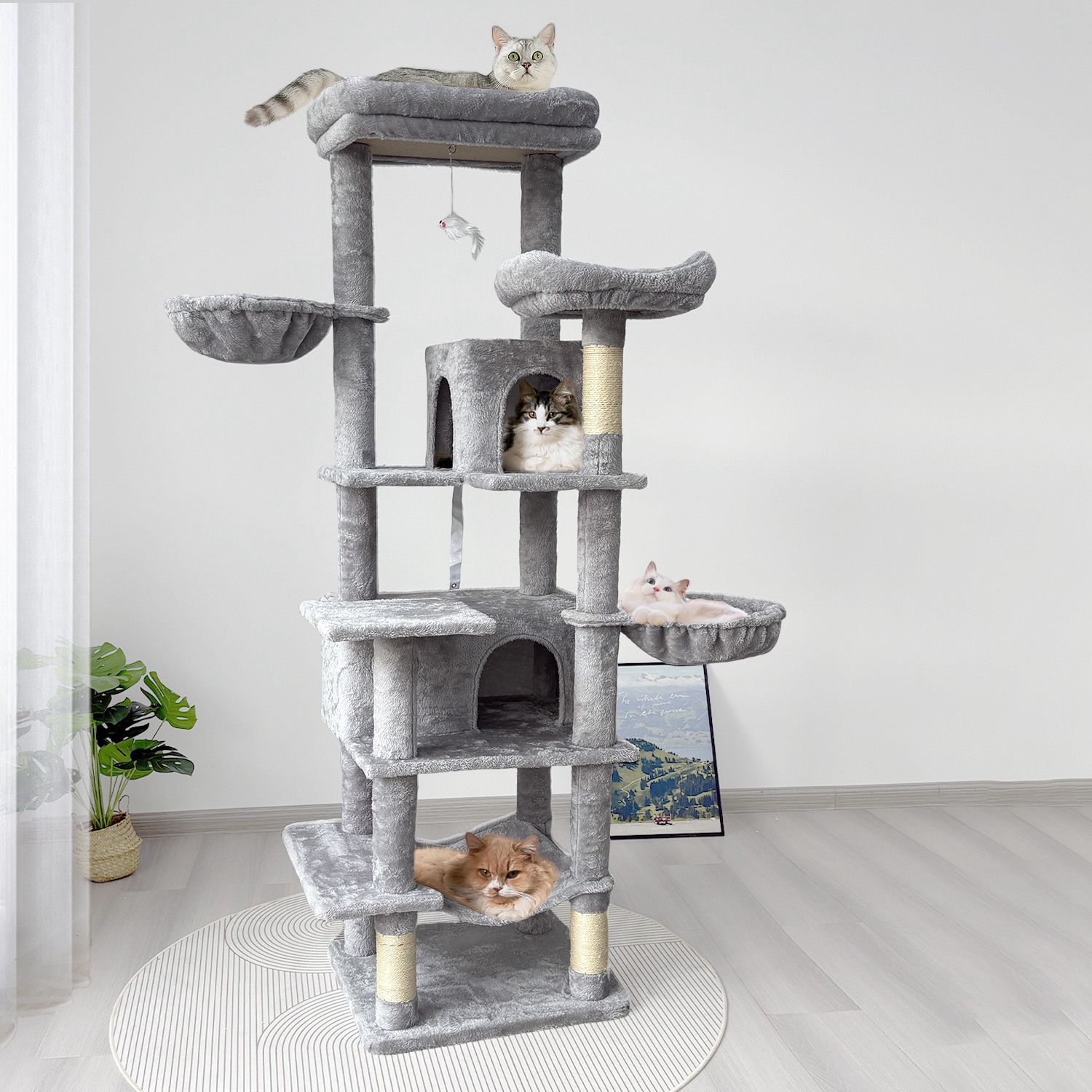 68in Multi-Level Cat Tree Tower with Hammocks, Cat Condo, Hanging Basket, Removable Cushions & Sisal Scratching Posts, Plush Cat Activity Center for I - Image 3
