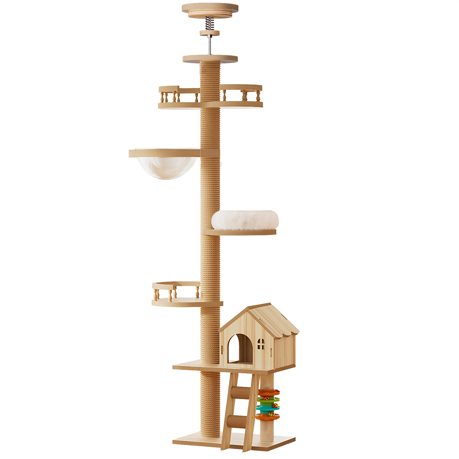 Floor to Ceiling Cat Tree, Adjustable Height Wooden Cat Tower with Cat Condo, Acrylic Hammock, Sisal Scratching Post & Cat Toy, Natural Floor-to-Ceili