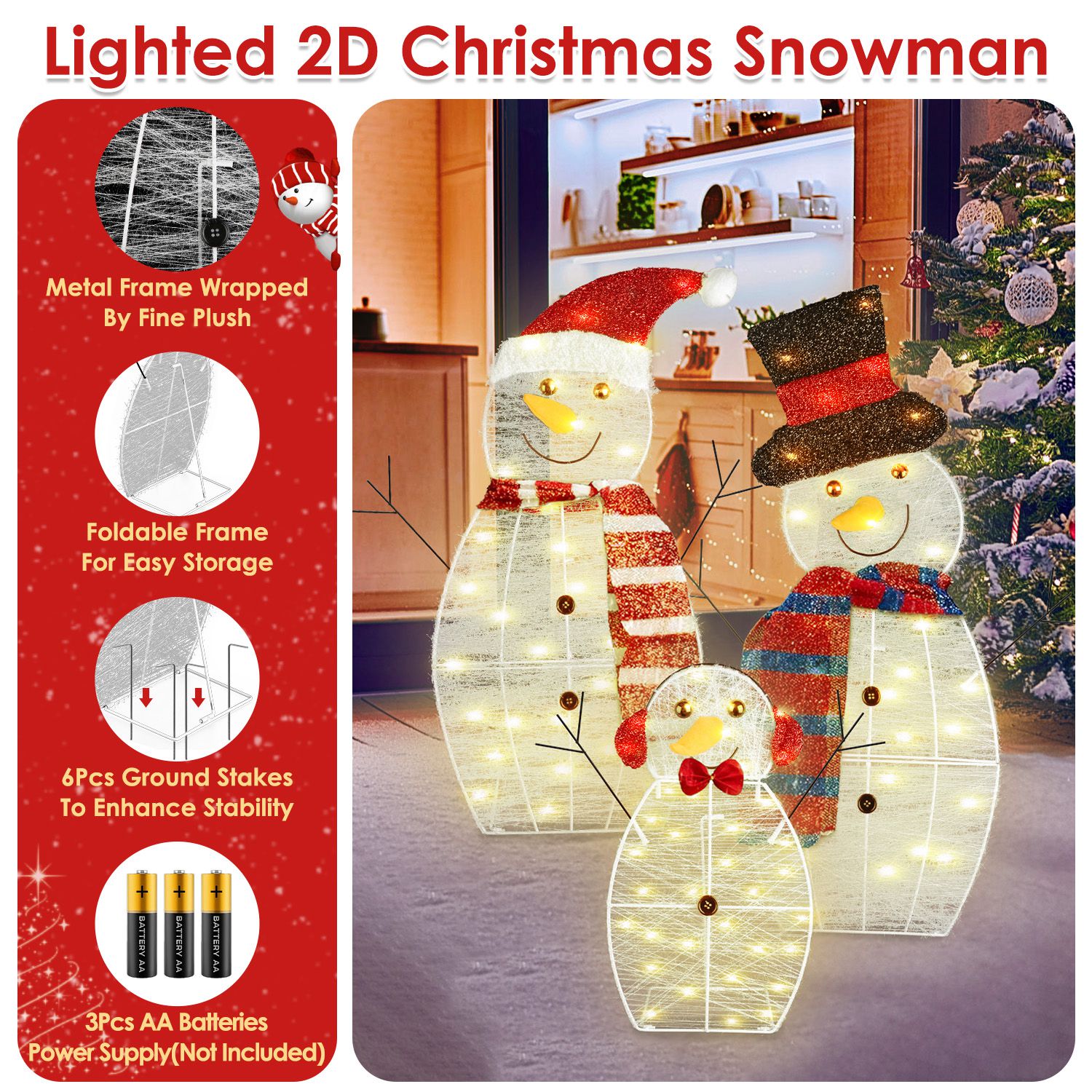 3Pcs 2D Christmas Snowman Yard Decoration Snowman Family Outdoor Decoration With 90Pcs LED Warm Yellow Lights 8 Lighting Modes IP44 Waterproof For Chr - Image 10