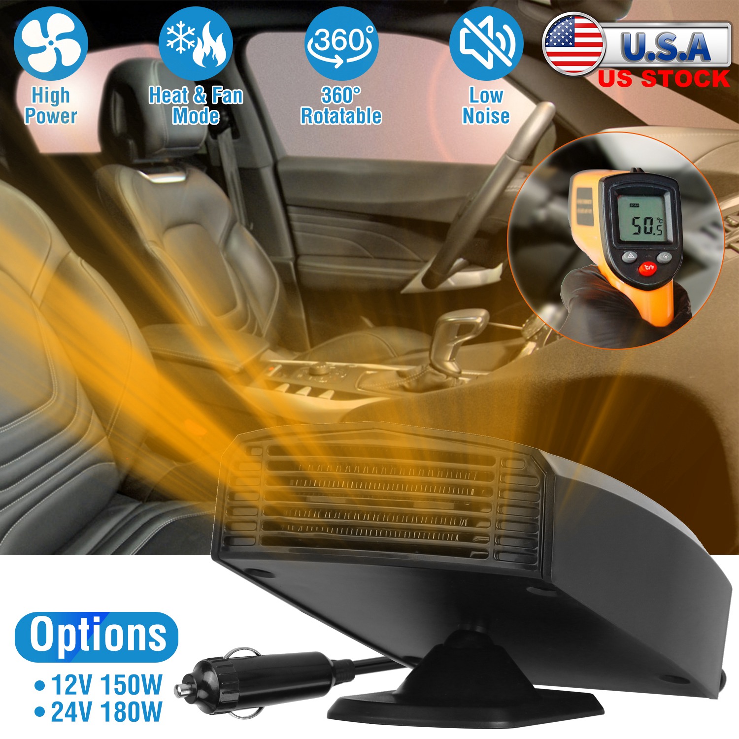 12V 150W Portable Car Heater Heating Fan 2 in 1 Defroster Defogger Demister Windshield Heater Automotive Cooling Fan with 360°Rotating Base - Image 5