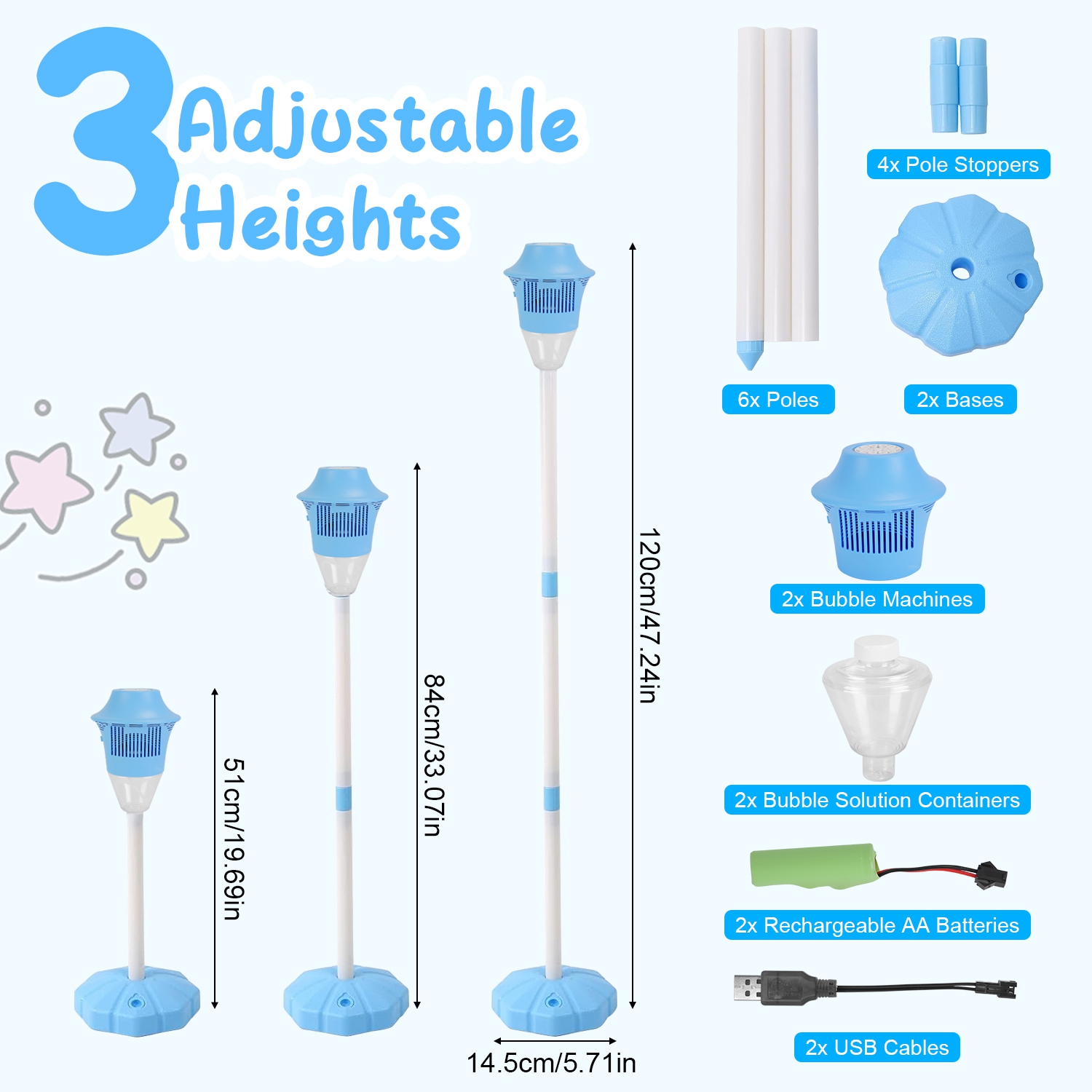 2Pack 3 In 1 Standing Bubble Machines with Colorful Lights and Music Rechargeable Bubble Maker Stands with 2 Modes 3 Adjustable Height for Party Weddi - Image 10
