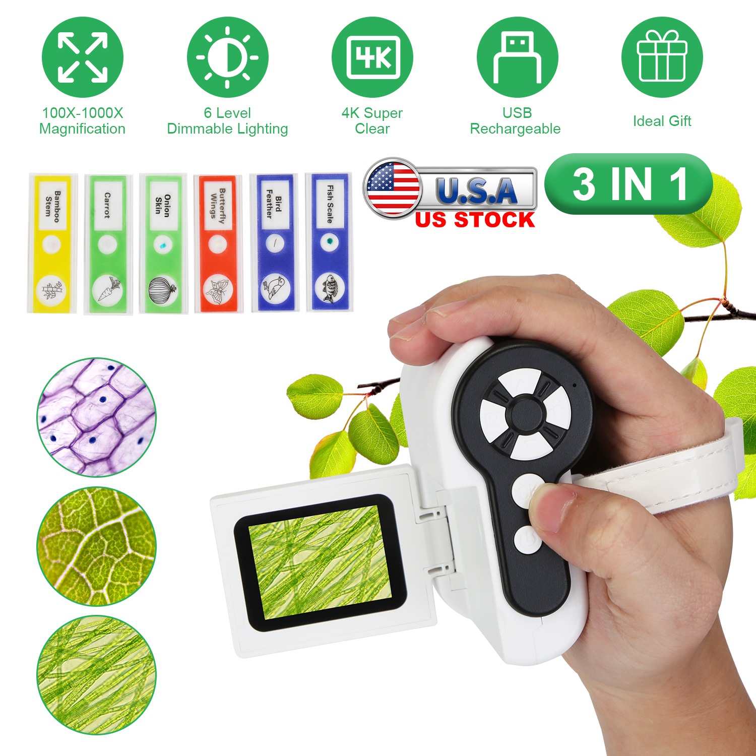 3 In 1 1000X Kids’ Microscope Telescope Camera Handheld USB Mini Microscope with LED Light 6 Sample Slides 32G MMC Card for Boys Girls Aged 6+ Years O - Image 6