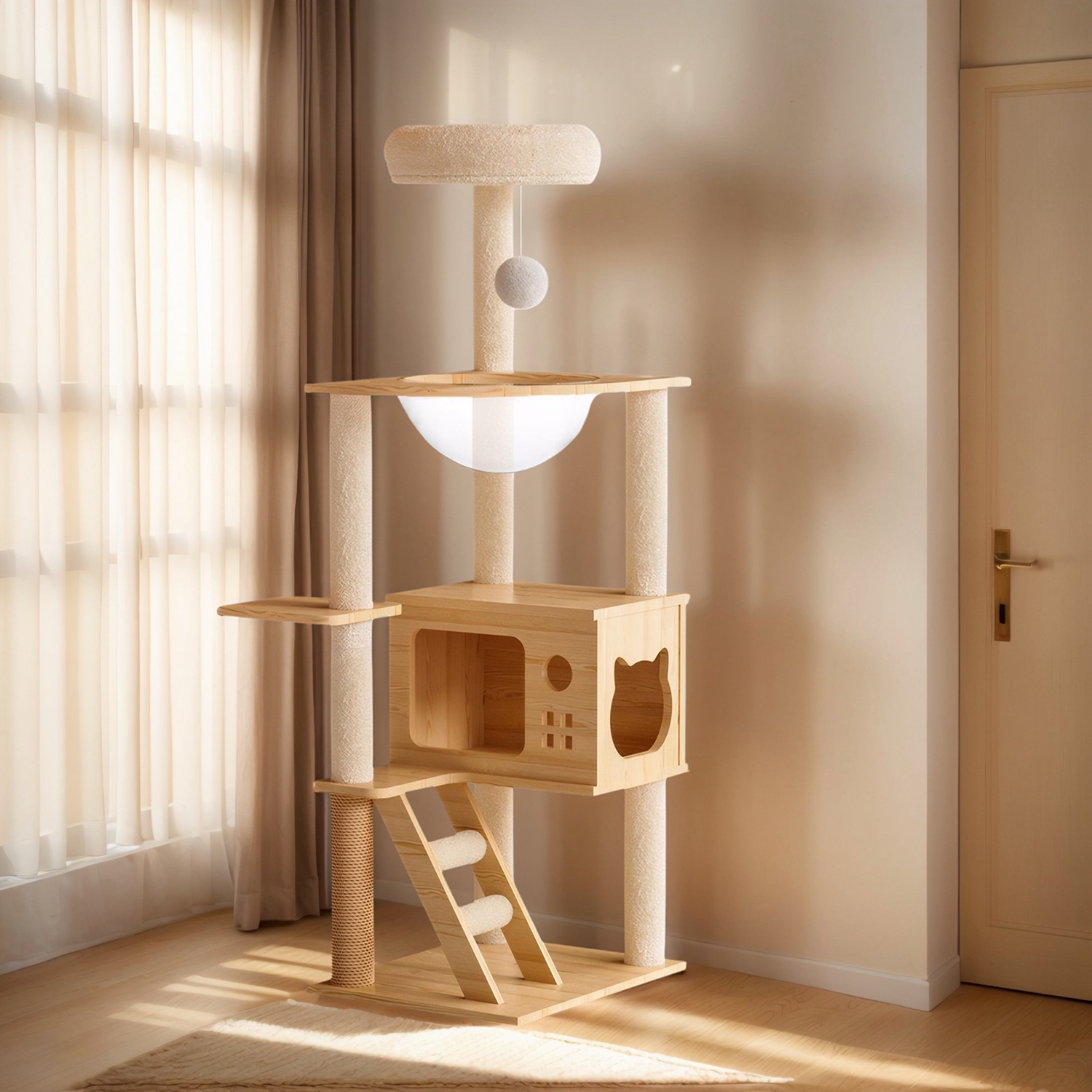 48.4" Modern Wood Cat Tree Tower, Multi-Level Cat Condo with Acrylic Hammock, Sisal Scratching Posts & Top Perch, Cat Tower for Indoor Cats - Image 3