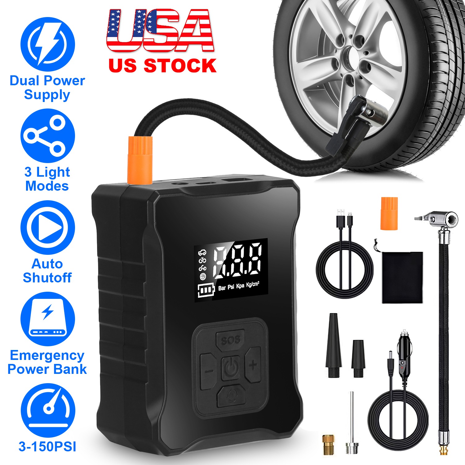150PSI Cordless Tire Inflator with Car Charger Digital Air Compressor with LED Light Emergency Power Bank for Cars Motorcycles Bicycles Balls - Image 4