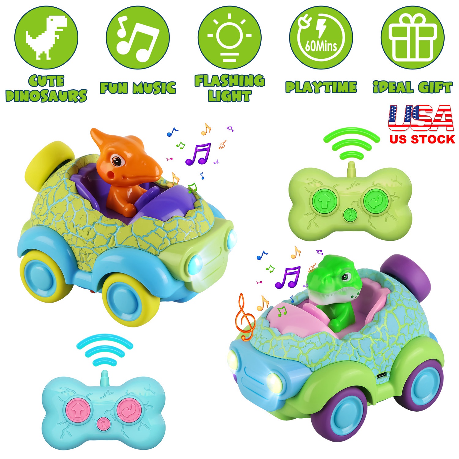 2Pack Dinosaur Remote Control Cars for Toddlers Rechargeable RC Cars with Light Music Birthday Gift For Boys Girls Aged 3 4 5 6 Years Old - Image 3