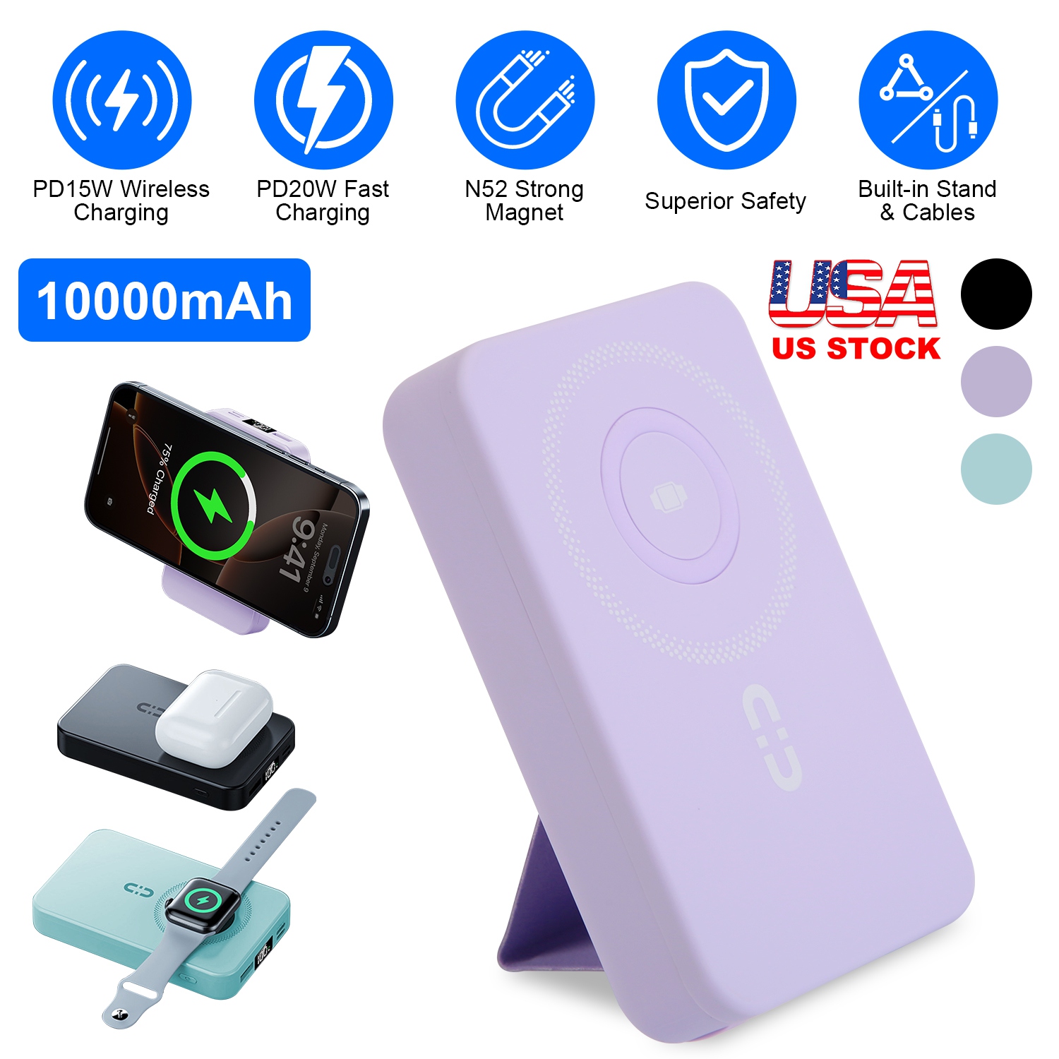 3 In 1 10000mAh MagSafe Fast Charging Power Bank PD20W Portable Charger with 2 Built In Cables Stand Fit for IOS Phone 16 15 13 Series And More - Image 9