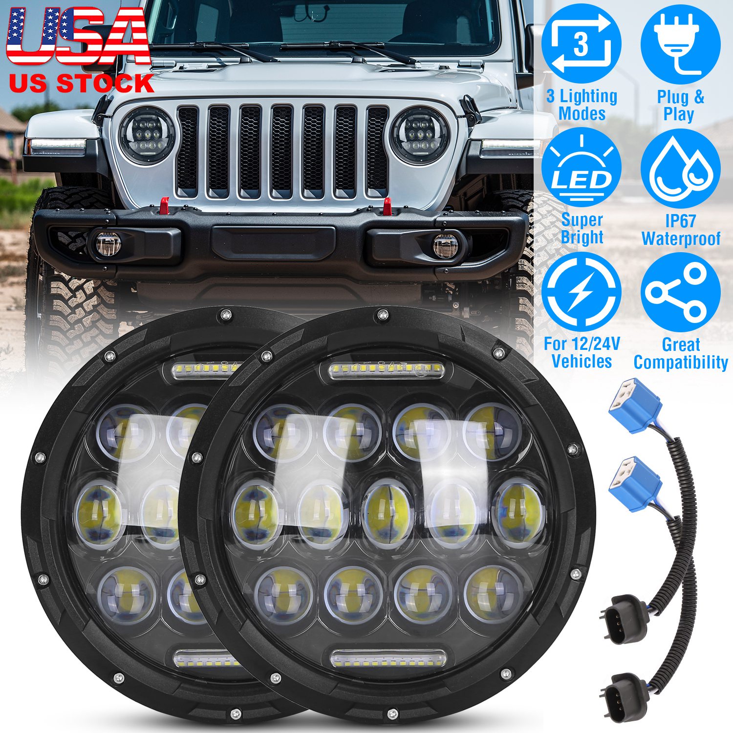 2Pcs 7In 75W Round LED Headlight 3800LM Halo Car Headlamp with DRL High Low Beam for Jeep Wrangler TJ JK CJ with H4 to H13 Adapters Plug and Play - Image 3