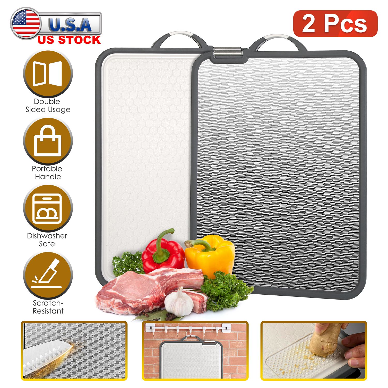 2Pcs Double Sided Cutting Board Stainless Steel PP Chopping Board Lightweight Kitchen Cutting Board Mesh Design with Grinding Zone Knife Sharpener Han - Image 3