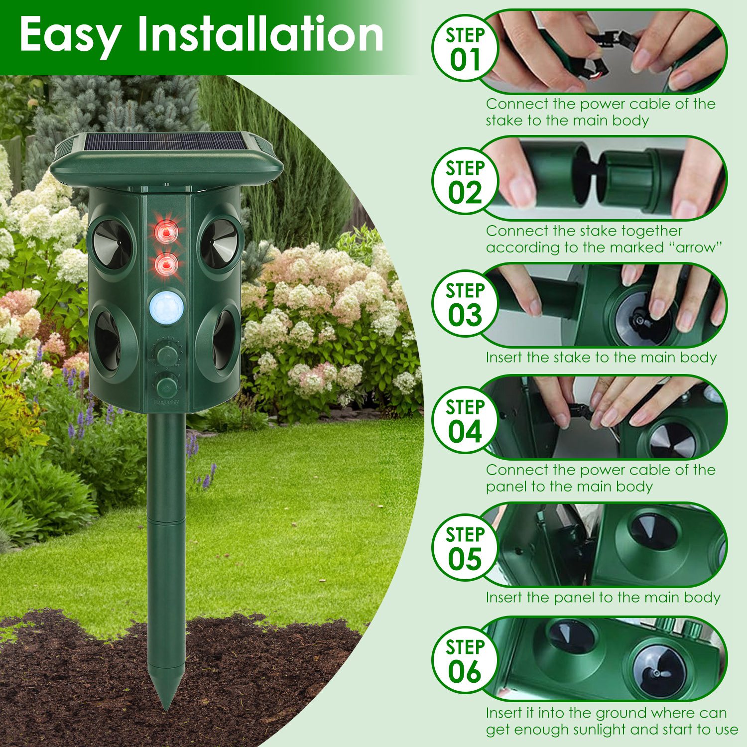 Solar Ultrasonic Animal Repeller Solar Powered Animal Repellent Chaser with PIR Motion Sensor IP54 Waterproof Sound Flashing Light for Deer Raccoon Sq - Image 10