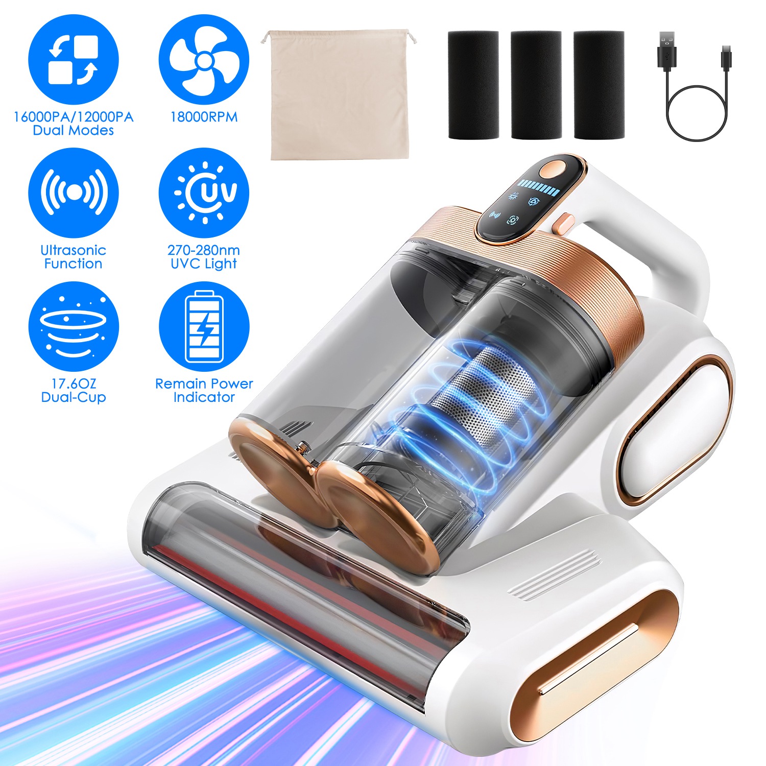Mattress Vacuum Cleaner 16Kpa Bed Vacuum Cleaner Handheld Vacuums with Ultrasonic & UVC Light 18000 RPM Brushroll Rotation Dual Dust Bins Washable Fil - Image 3