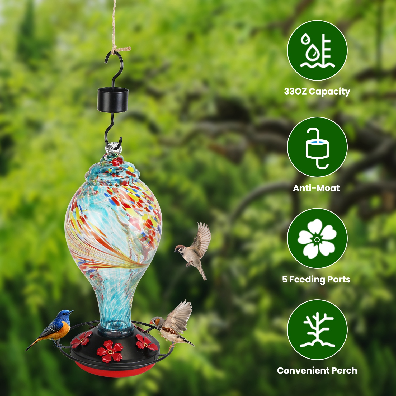 Glass Hummingbird Feeder 33OZ Hand Blown Hummingbird Feeder with 5 Flower Feeding Port Perch Ant Moat Hanging Hook S Hook Hemp Rope Cleaning Brush for - Image 7