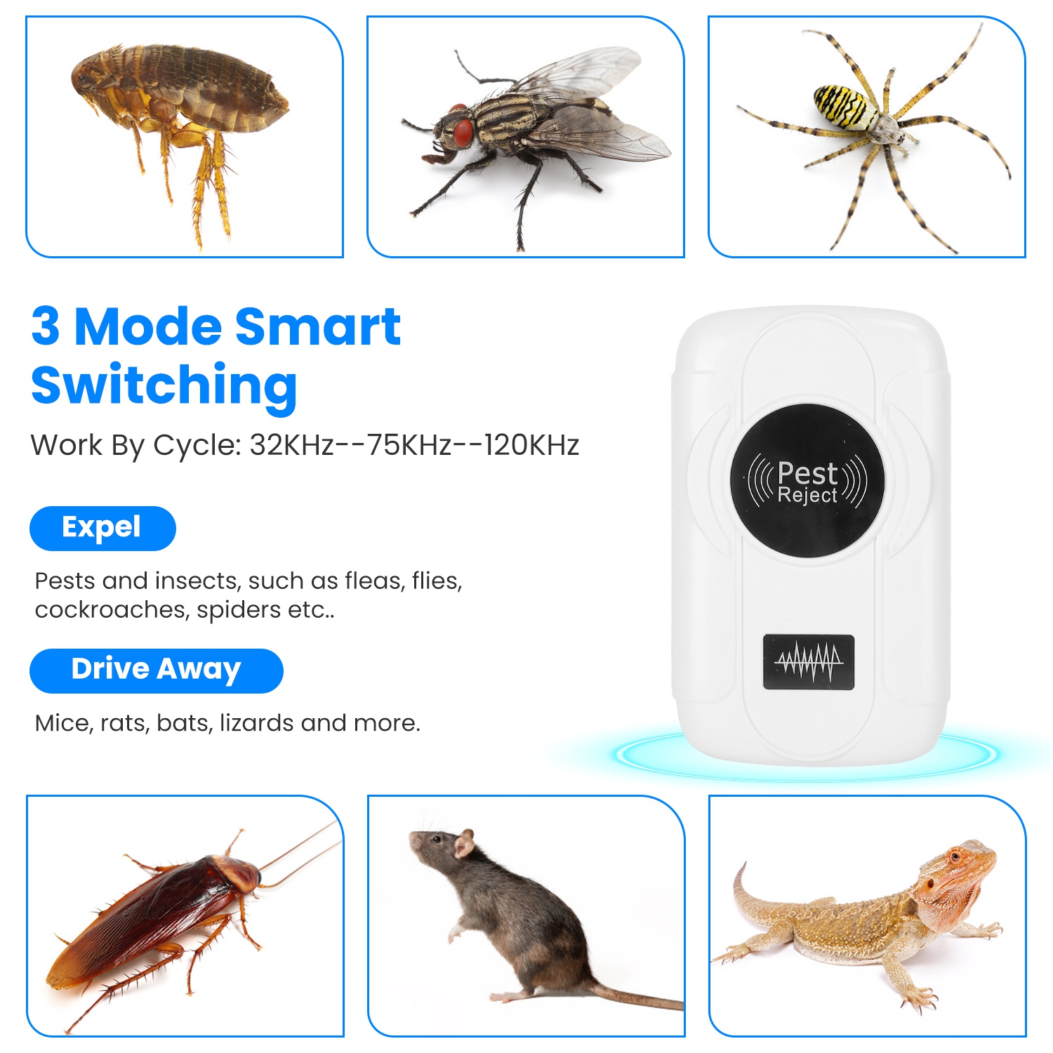 6 Pack 32-120KHz Ultrasonic Insect Repellent Indoor Plug In Bug Repellent Mosquito Roaches Mice Control with 3 Modes for Bedroom Garage Warehouse Offi - Image 9