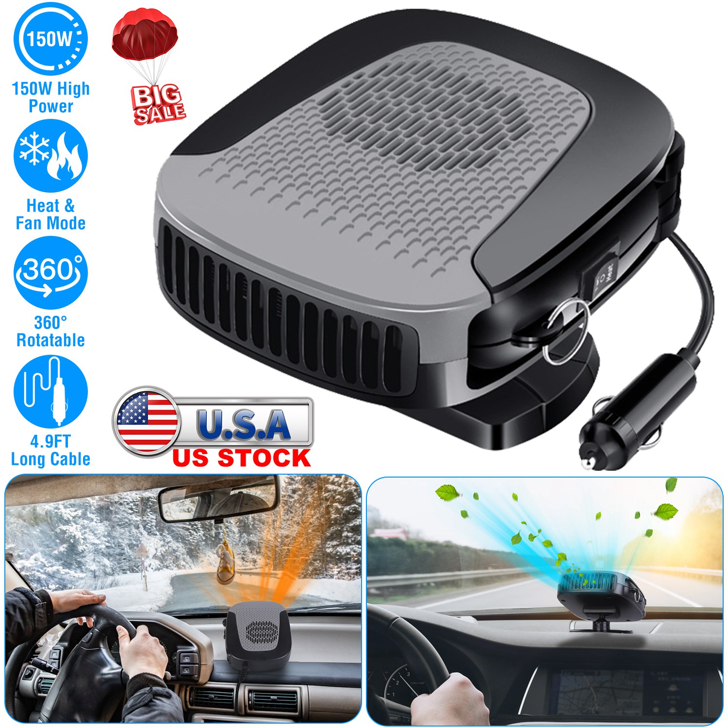 12V 150W Portable Car Auto Heater Heating Fan 2 in 1 Defroster Demister Windshield Heater Automotive Cooling Fan - Image 3