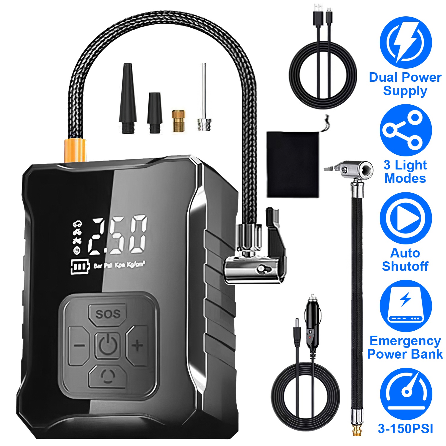 150PSI Cordless Tire Inflator with Car Charger Digital Air Compressor with LED Light Emergency Power Bank for Cars Motorcycles Bicycles Balls - Image 5