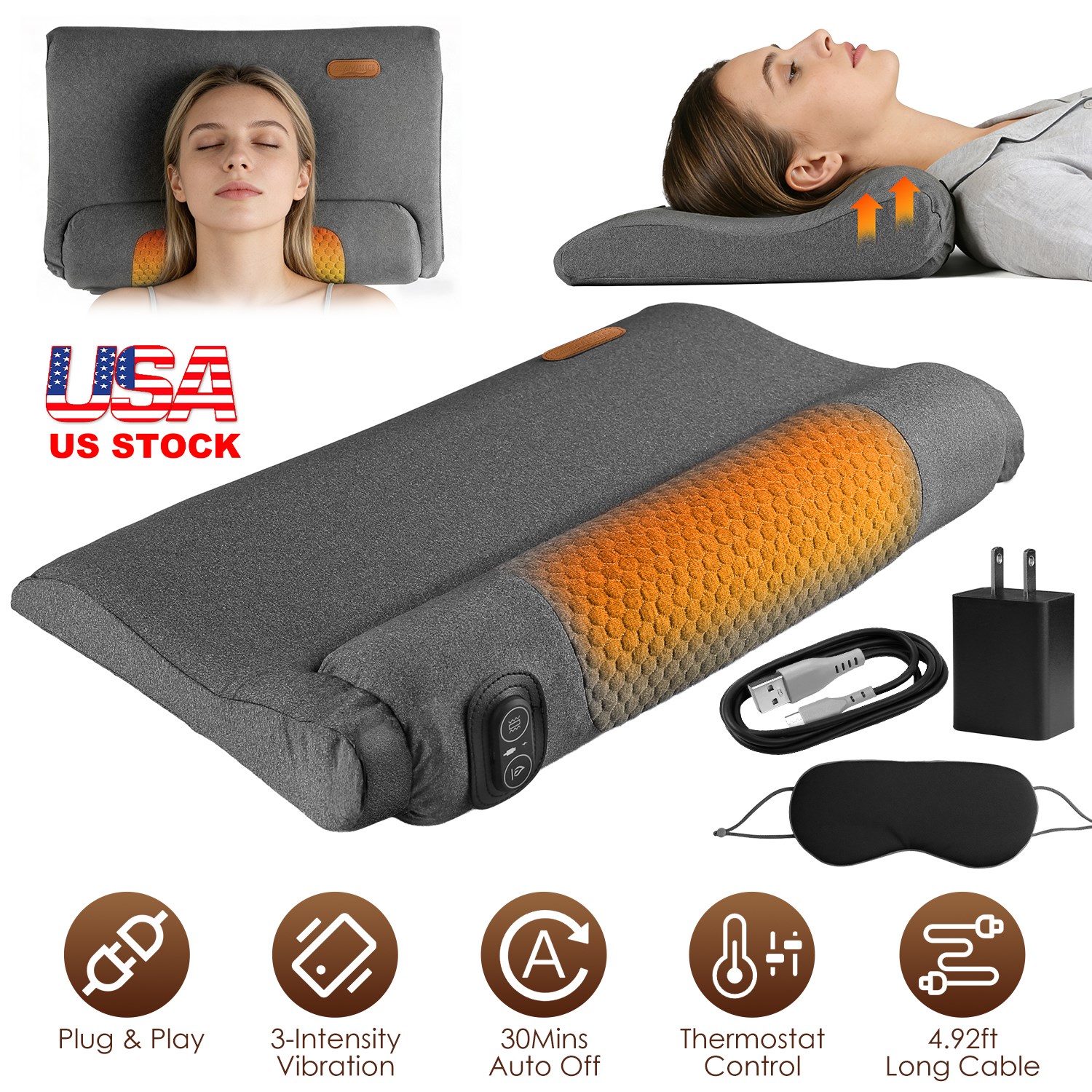 Neck Massager Pillow Ergonomic Massager Memory Foam Pillow with 3-Level Heating 3-Intensity Vibration 30Min Timer for Neck Back Shoulder Pain Relief - Image 5