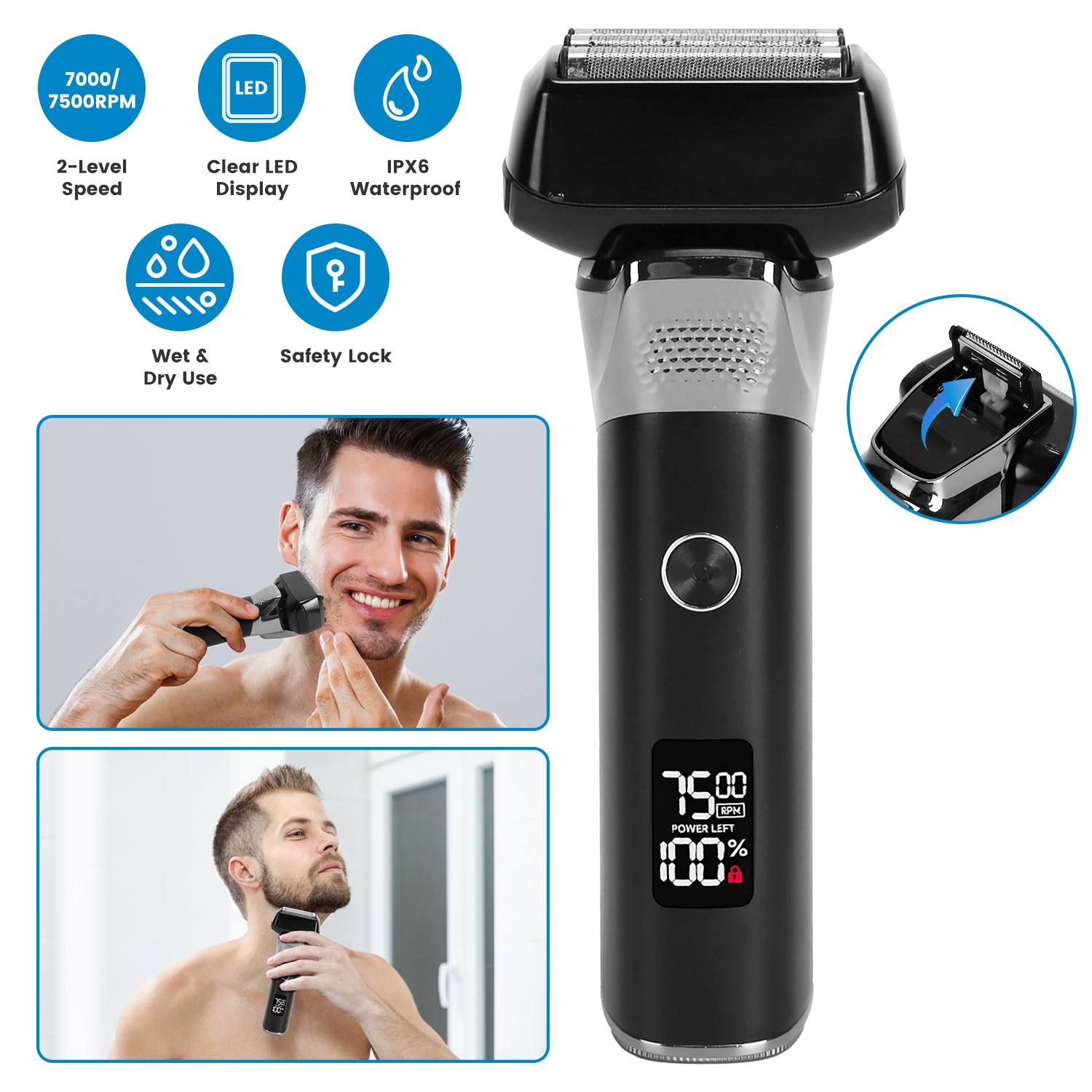 Electric Foil Face Shaver 5-Blade Electric Razor for Men Wet & Dry Jawline Beard Trimmer Precision Sideburn Shavers IPX6 Waterproof with LED Display C - Image 2